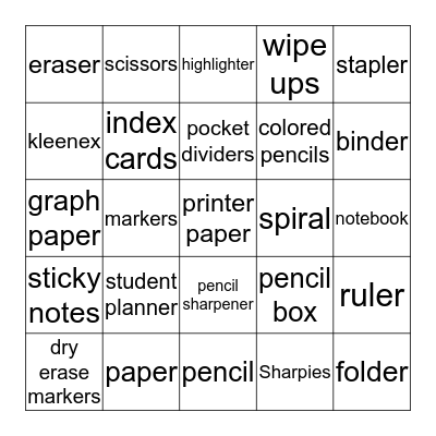 SCHOOL SUPPLIES Bingo Card