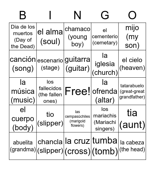 Coco Spanish Bingo Card