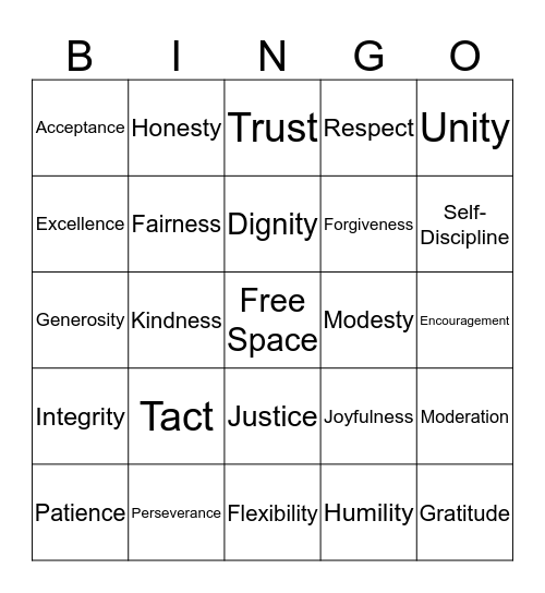 Virtues Bingo Card