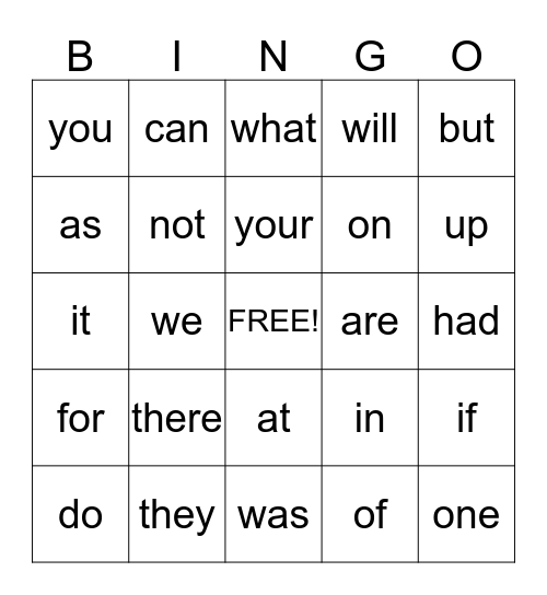 Sight Word Bingo Card