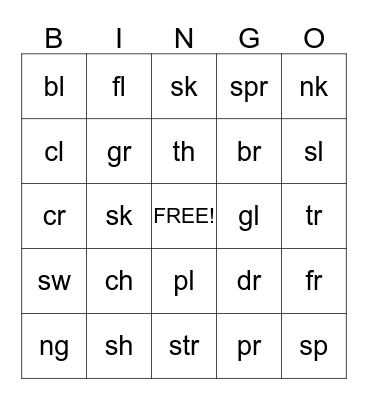 Blends and Digraphs Bingo Card