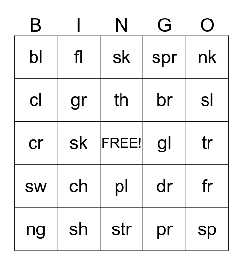 Blends and Digraphs Bingo Card