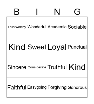 Friendship Bingo Card