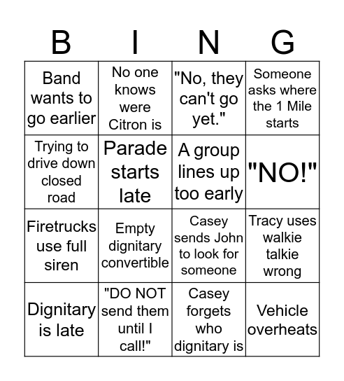 Parade Bingo Card