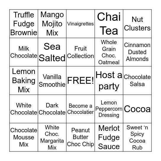 Dove Chocolate Discoveries Bingo Card
