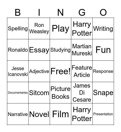 English Bingo Card