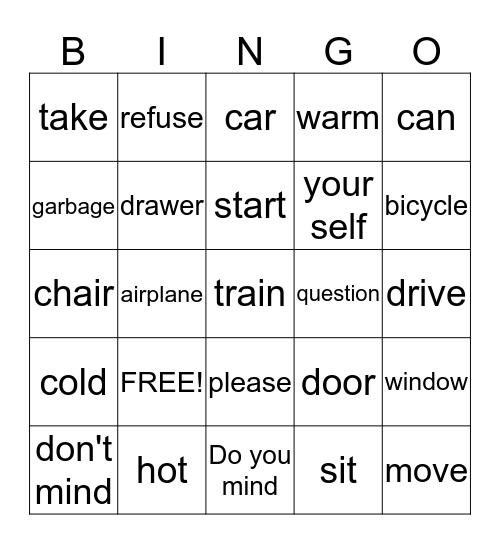 Objects and Actions Bingo Card