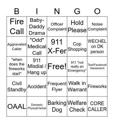 Call Taker Bingo Card
