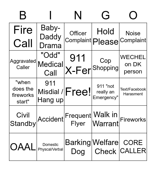 Call Taker Bingo Card