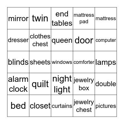 THINGS IN THE BEDROOM Bingo Card