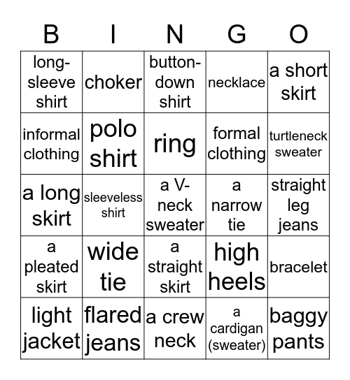 CLOTHING-advanced Bingo Card