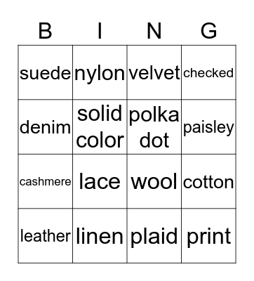 TYPES OF FABRICS Bingo Card