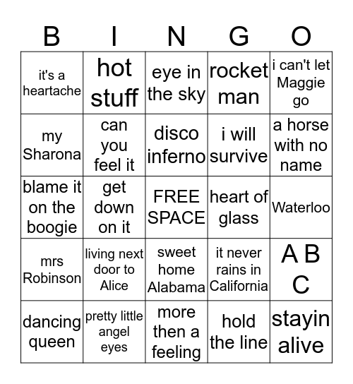 music bingo SING ALONG 70S Bingo Card