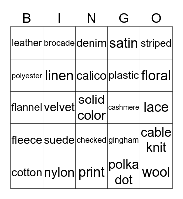 TYPES OF FABRICS Bingo Card