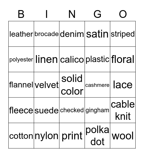 TYPES OF FABRICS Bingo Card