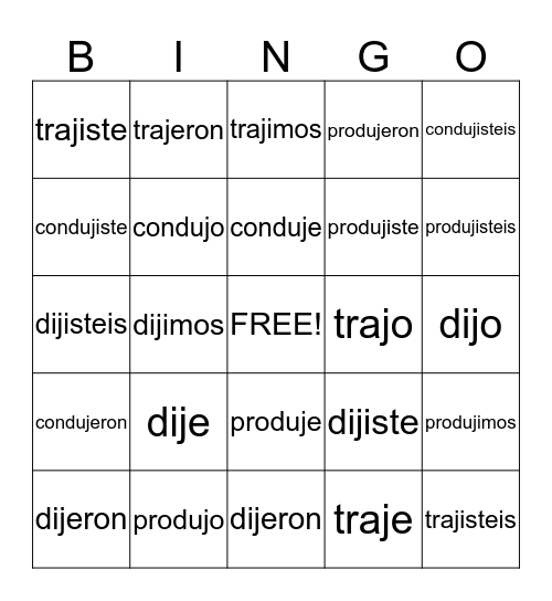 "J" verbs Bingo Card
