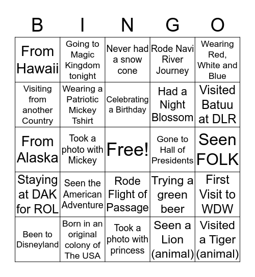 Pandora Patriotic Bingo Card