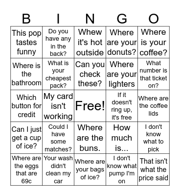 Exxon Customer Service Bingo Card