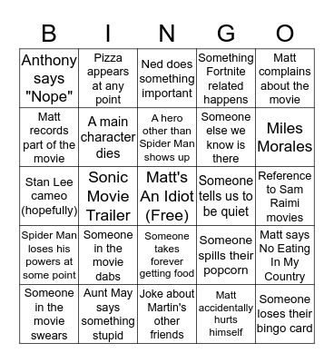 Spider Man Bingo Card
