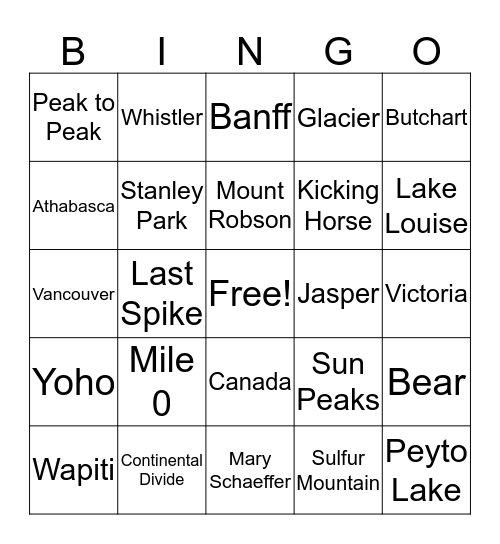 GLOBUS Grand Western Canada Vacation Bingo Card