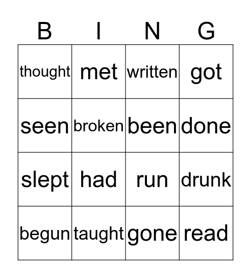 Bingo Irregular verbs Bingo Card