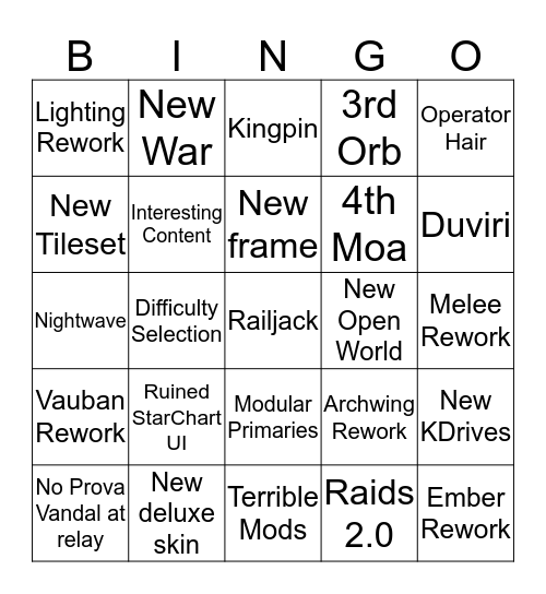 TennoCon Bingo Card
