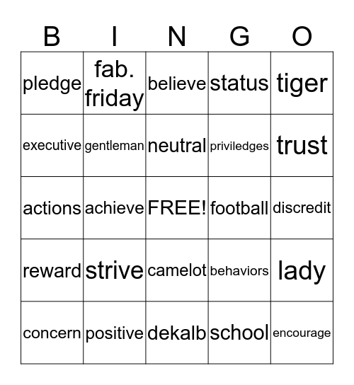 Camelot Bingo Card