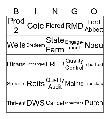 Quality Bingo  Bingo Card