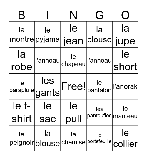 Les Vetements Bingo Card