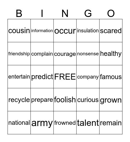 4th Grade Vocabulary Words Bingo Card