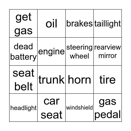 PARTS OF A CAR Bingo Card
