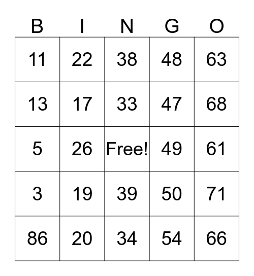 Number Bingo 1-100 Bingo Card