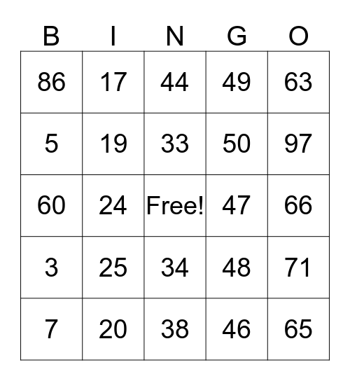 Number Bingo 1-100 Bingo Card