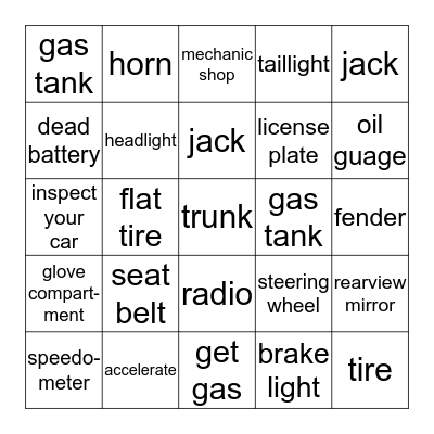 PARTS OF A CAR Bingo Card