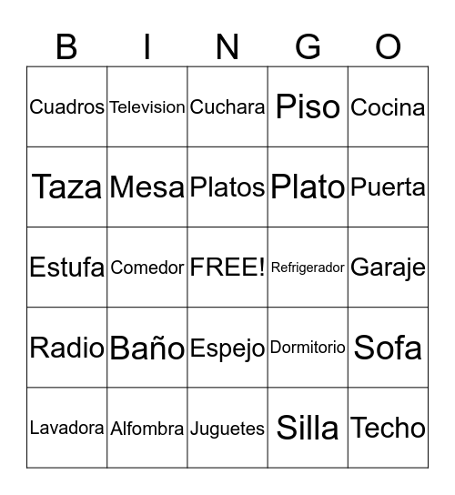 House Items Bingo Card