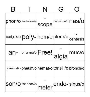 Medical Terminology Terminology Chapter 5 Bingo Card