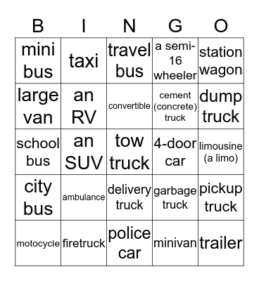 VEHICLES  Bingo Card