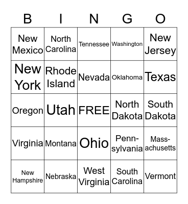 50 states Bingo Card