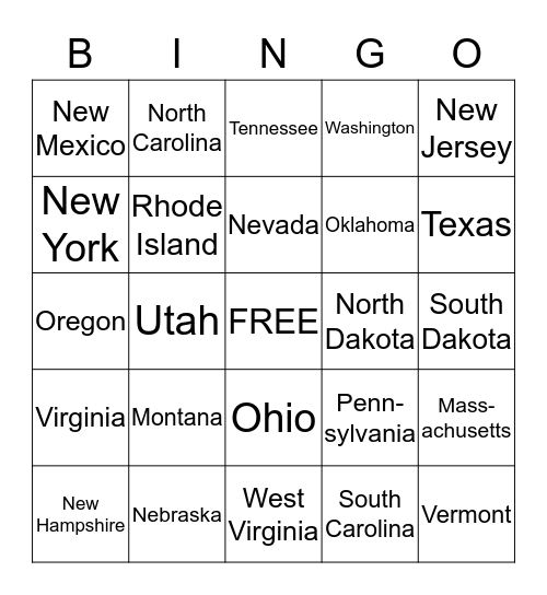 50 states Bingo Card