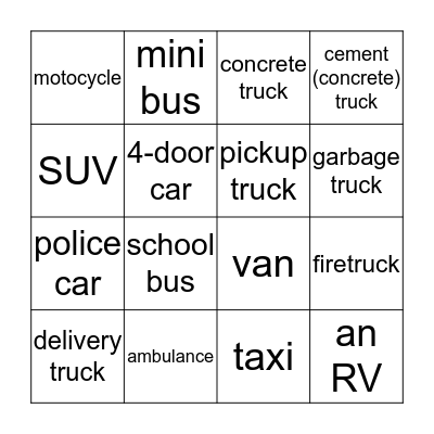 VEHICLES  Bingo Card