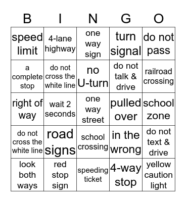 TRAFFIC RULES    &   SAFETY SIGNS Bingo Card