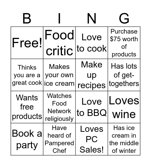 Pampered Chef Bingo Card