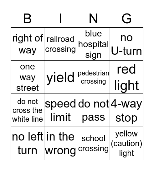 TRAFFIC RULES    &   SAFETY SIGNS Bingo Card
