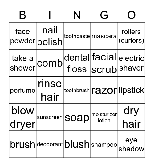 SOAP, COMB, & FLOSS-TOILETRIES Bingo Card