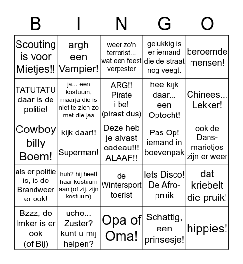 Vastelavend Bingo!! Bingo Card