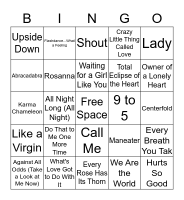 80's Music Bingo Card