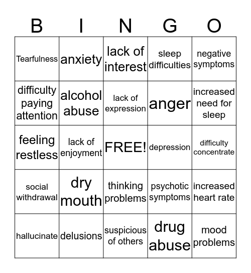 Mental Health Problems Bingo Card