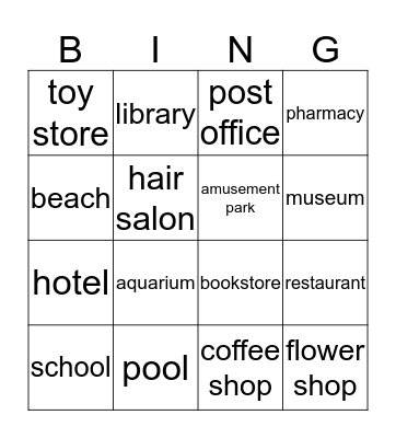 Places to Go Bingo Card