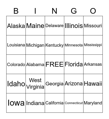 50 States Bingo Card