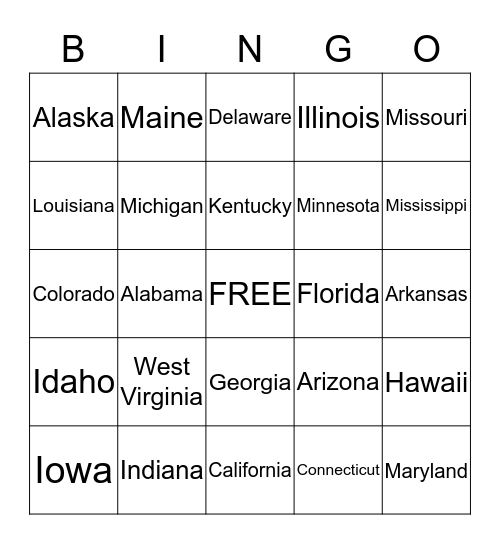 50 States Bingo Card